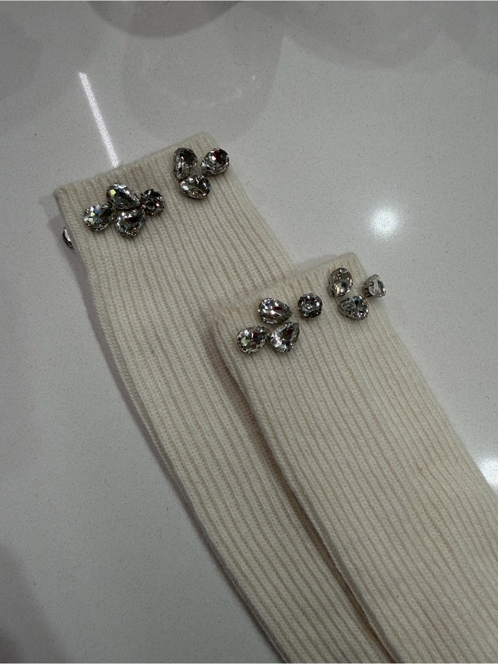 Maje New White, Ecru Long Knee High Socks With Rhinestone Embellished Size: OS